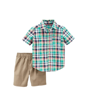 Boys Plaid Shirt & Shorts Set